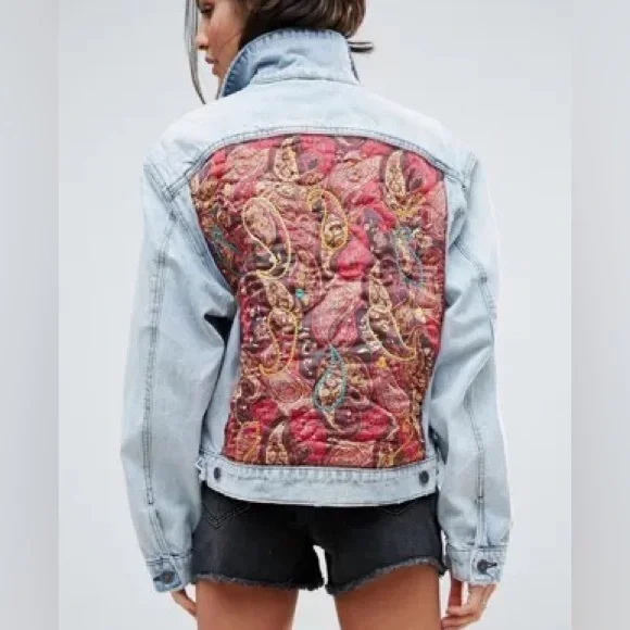 Free People Paisley Quilted Denim Jacket in Sky M/L